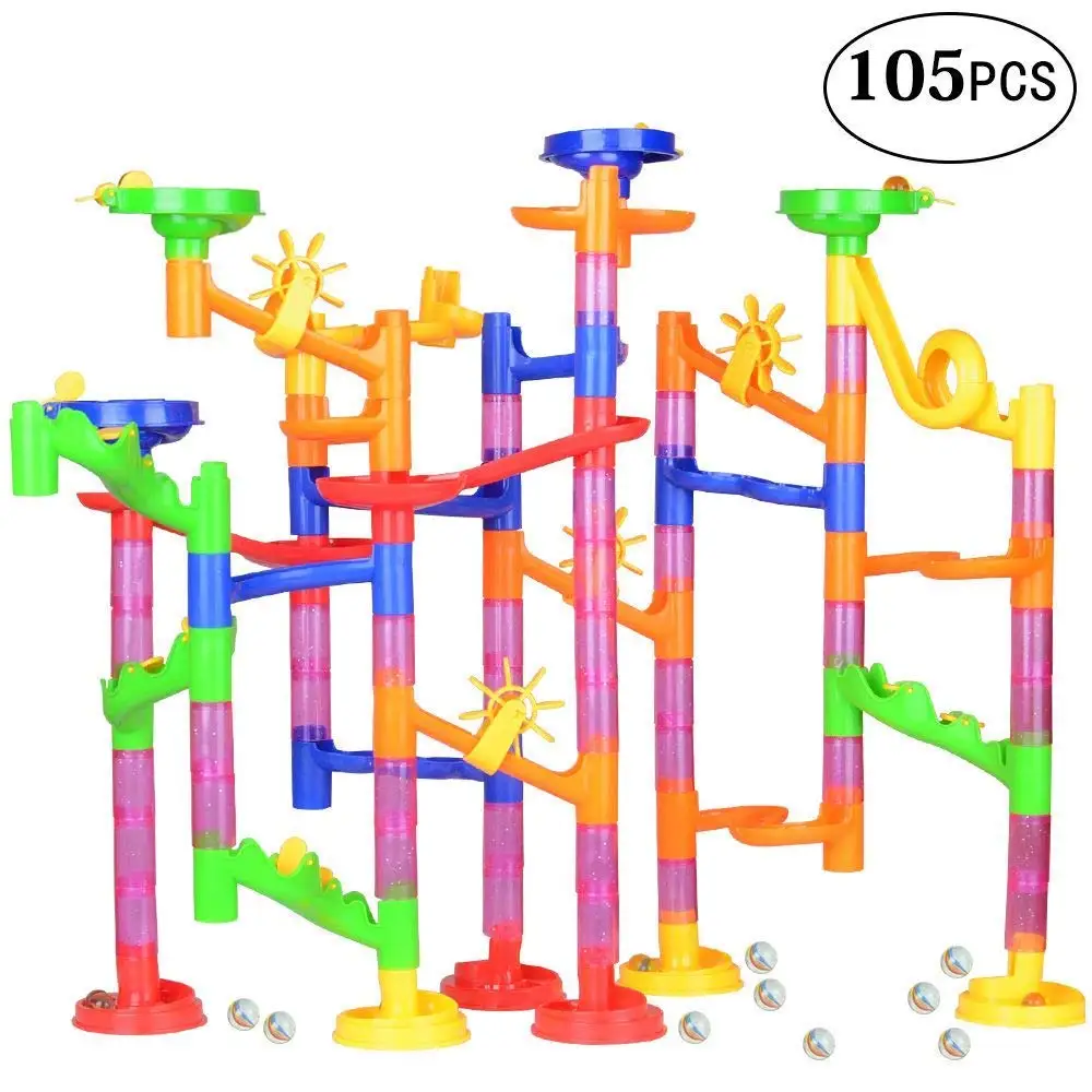 Meetdream Marble Run Toy Set, 105 Pcs Marble Maze Building Set - Educational Construction Building Blocks Toy Marble Run Race Coaster Maze Toys for Kids (75 Marbulous Pieces + 30 Glass Marbles)