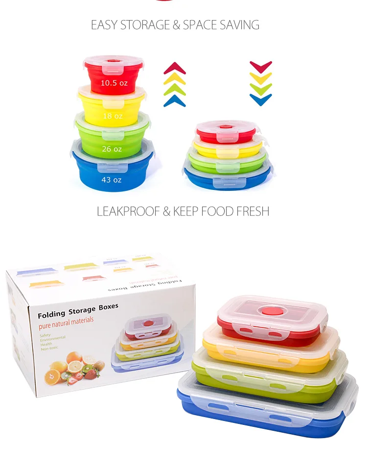 4 Pack Airtight Collapsible Food Container Portable Storage Microwave