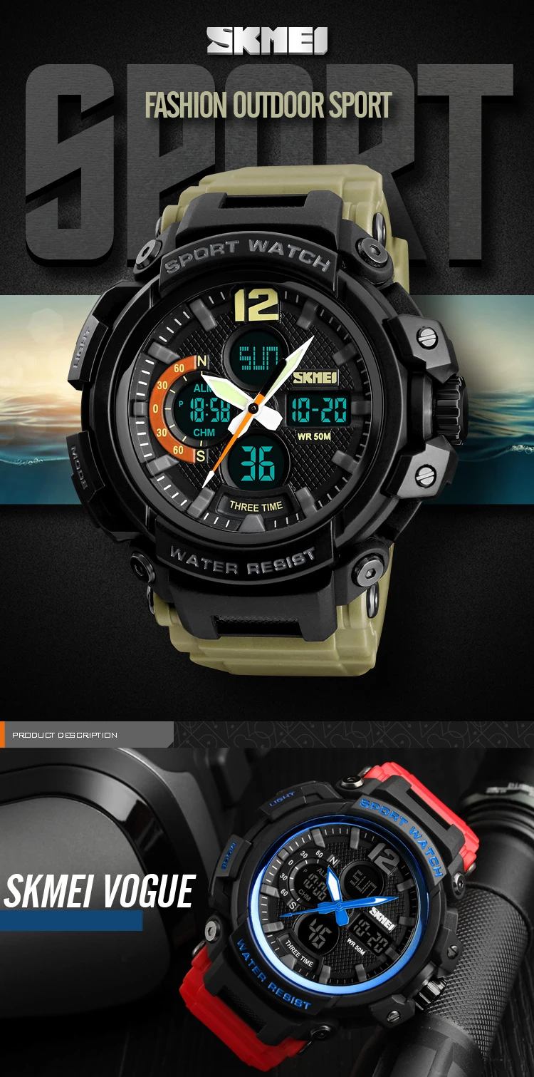SKMEI 1343 Top Brand Luxury Man Watch Military Men's Analog Quartz Digit LED Watches Outdoor Sport