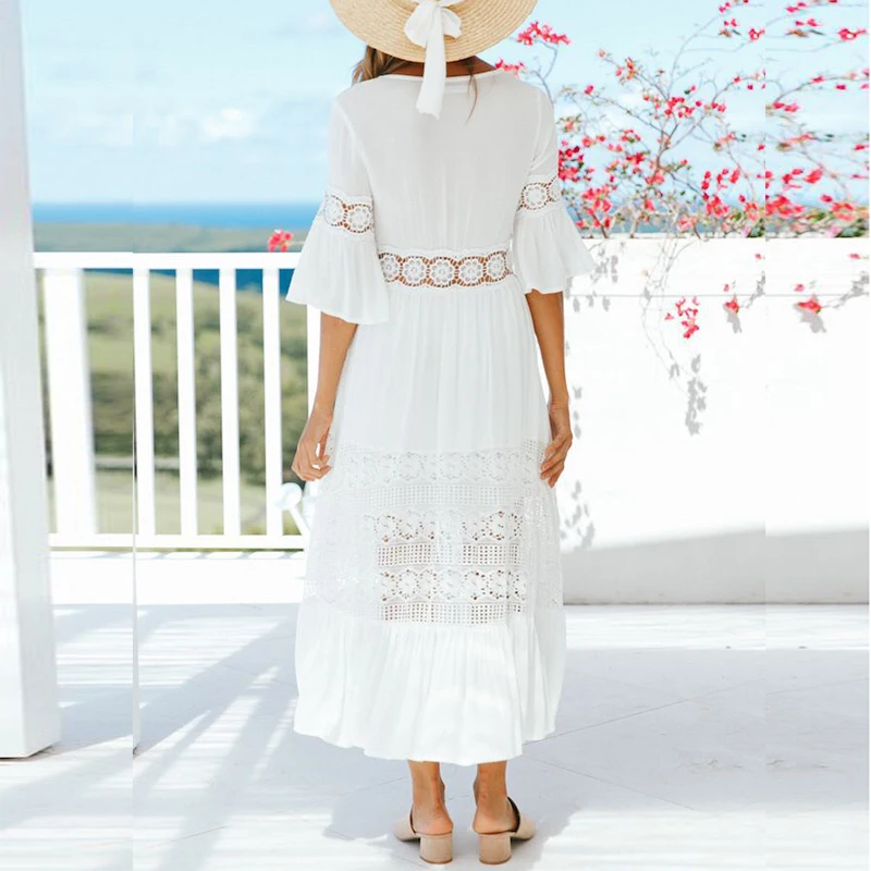 Women's Bohemian Drawstring Waist Lace Splicing White Long Maxi Dress Lace  Dress Fabric - Buy Lace Dress Fabric Product on Alibaba.com