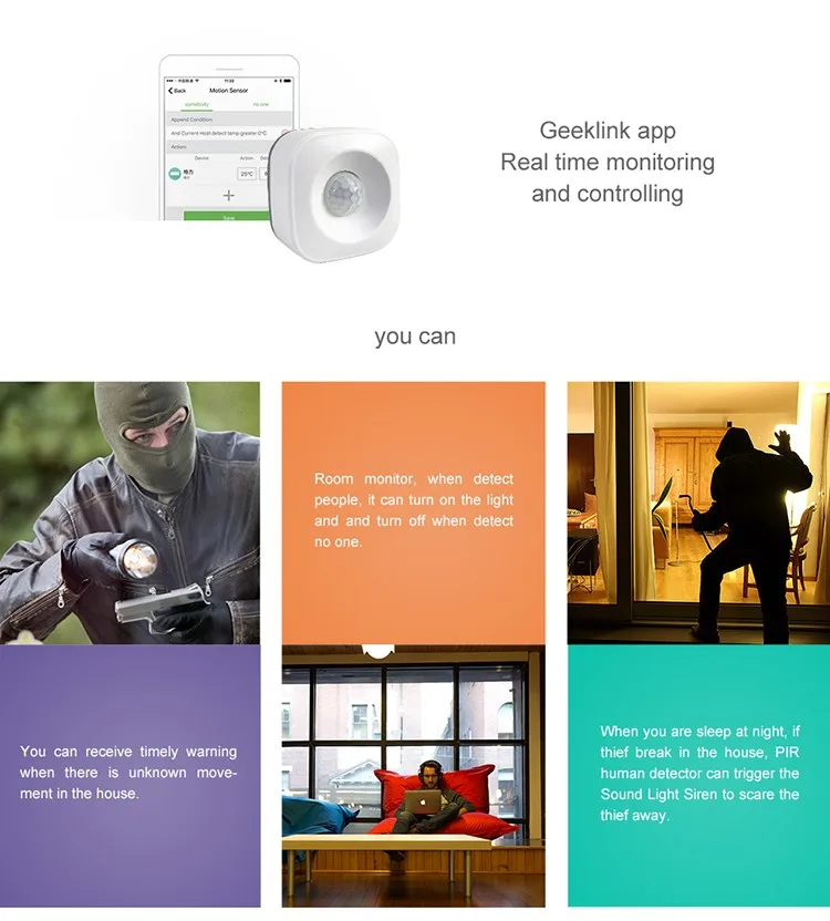 Geeklink home automation battery operated human being detector  hotel automation wireless pir motion sensor