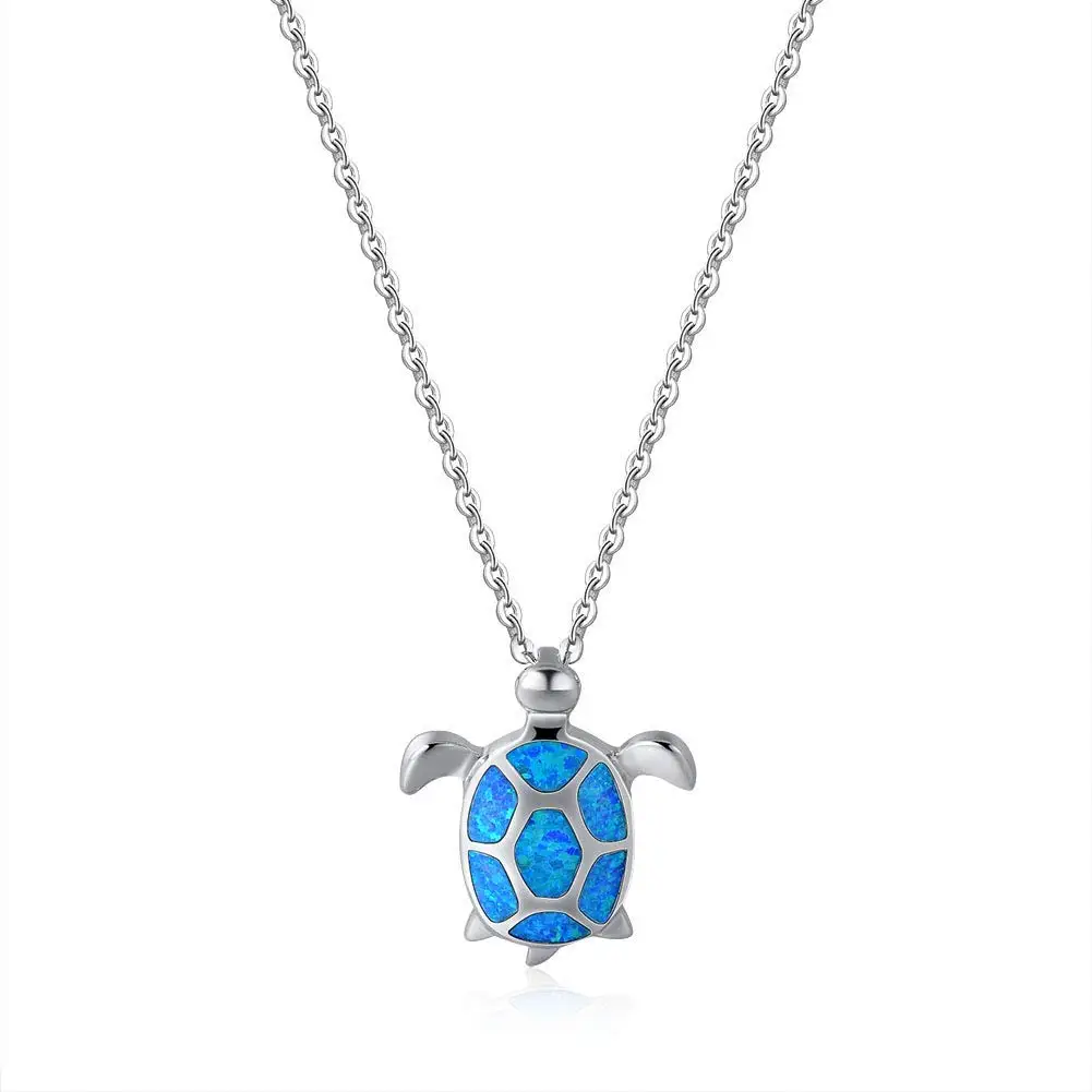 Fancime 925 Sterling Silver Sea Turtle Pendant Necklace Blue Created Opal Jewelry for Women Girls 18"