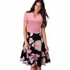 Stylish Floral Print Summer Short Sleeve Elegant Swing Party Prom Dress For Lady