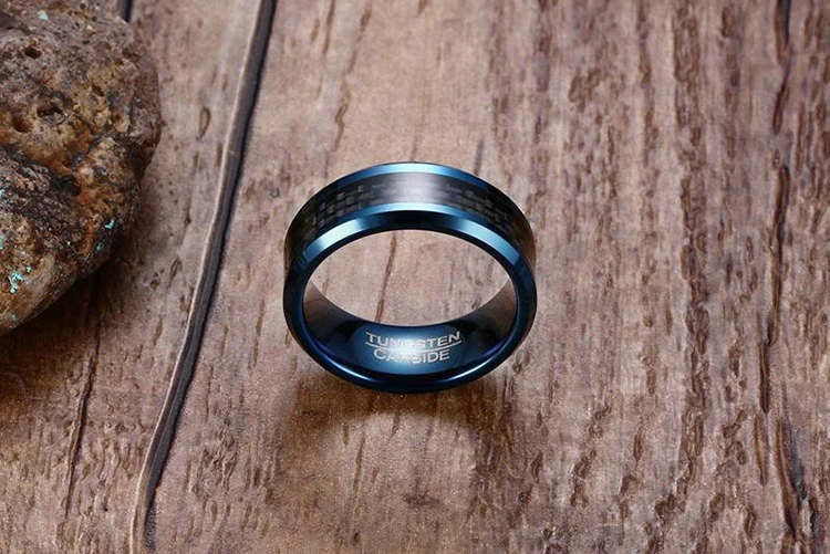 In Stock Cheap 8mm Tungsten Carbide Ring Mens Blue Carbon Fiber