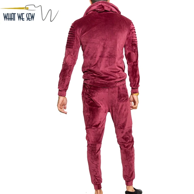 Crushed Wine Red Color Slim Fit Velour Velvet Fabric Ribbed Tracksuits ...