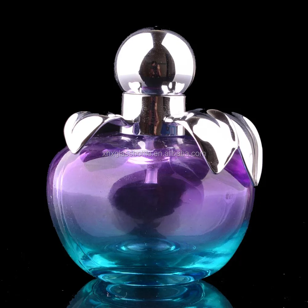 Luxury Purple And Blue Color Coated 50ml Woman Branded Apple Shape Perfume Bottle With Silver