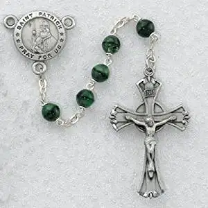 Green and Black St. Patrick Irish Catholic Rosary Beads - This Irish Rosary Has 7mm Green and Black Glass Beads with a New England Pewter Crucifix and a New England Pewter St. Patrick Centerpiece with the Words "St. Patrick Pray for Us" on the Centerpiece. This Beautiful Rosary Comes Packaged in an