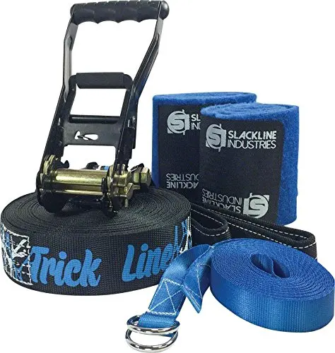 Slackline Industries 50FT Trick Line COMPLETE KIT with Trampoline-Style webbing for Extra Bounce INCLUDES Tree Protection and Backup Line