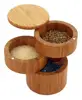 Bamboo Triple Salt Box Container with Magnetic Lid For Secure Strong Storage has Three Compartments for Salt, Spices, Herbs