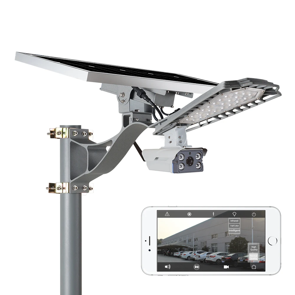 BOSUN Intelligent cellphone remote control ip65 waterproof smd 60w solar led street light with cctv camera