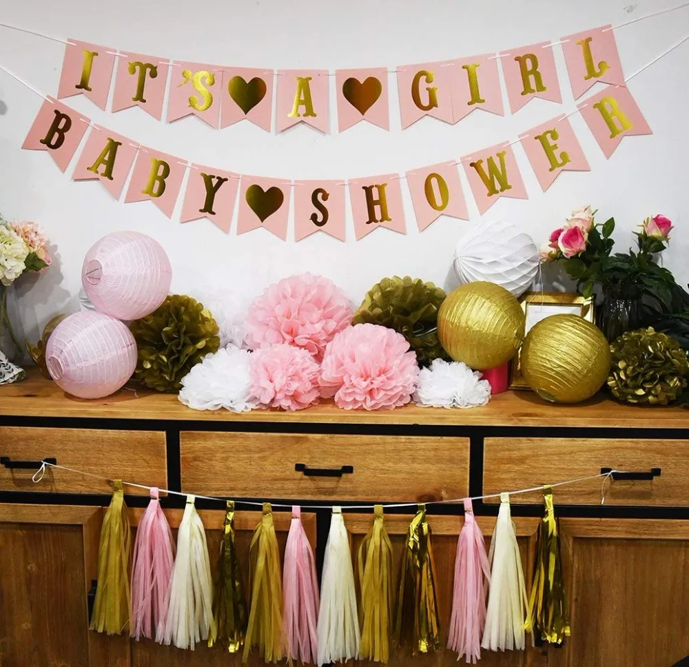 Its A Girl Banner Pom Poms Lanterns Tassels Baby Shower Decorations