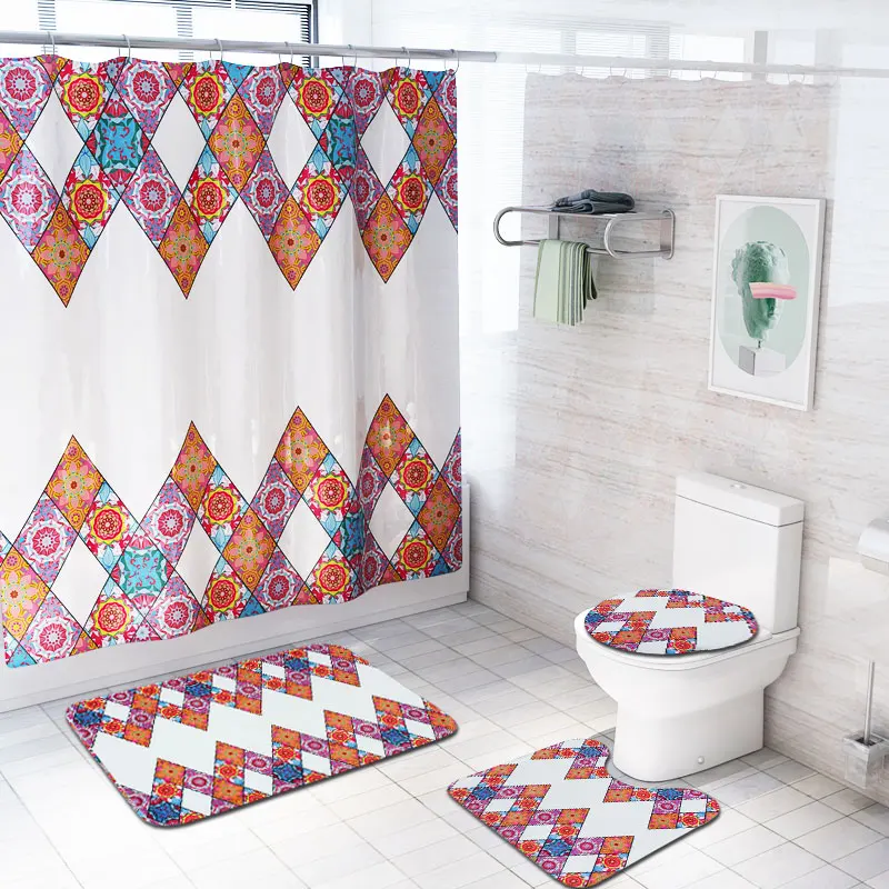 New products Custom print  Anti Slip Bath Mat and Shower Curtain Set