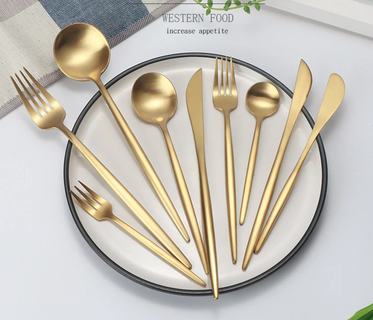 High quality Stainless steel 304 gold flatware, matte gold spoon fork knife cutlery set