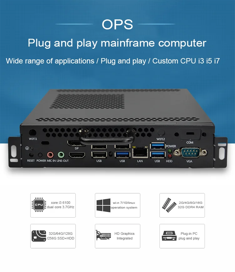 X86 fanless 4k mini industrial ops slot pc computer core i3 with wifi