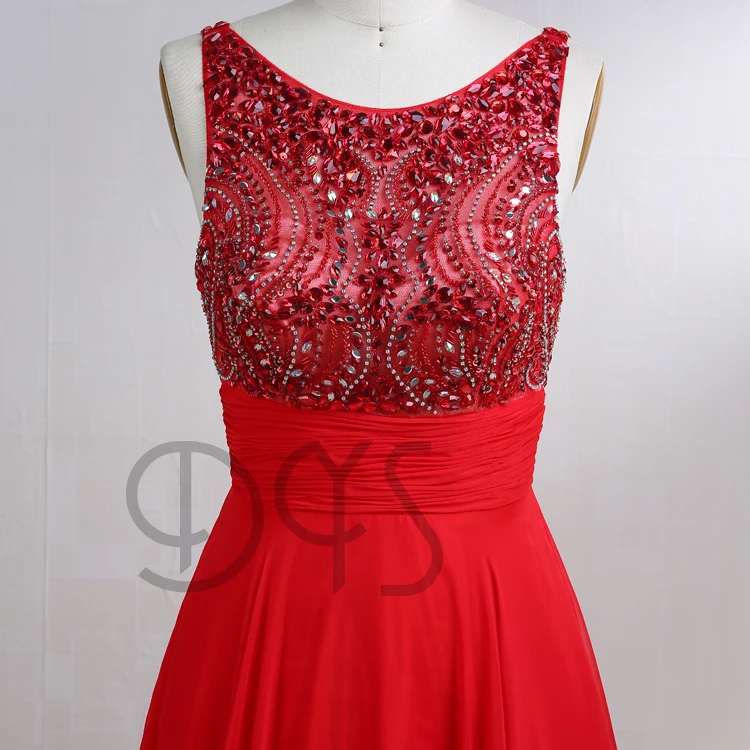 Western Design Long Princess Aline Red Rhinestones Beaded Prom Dress