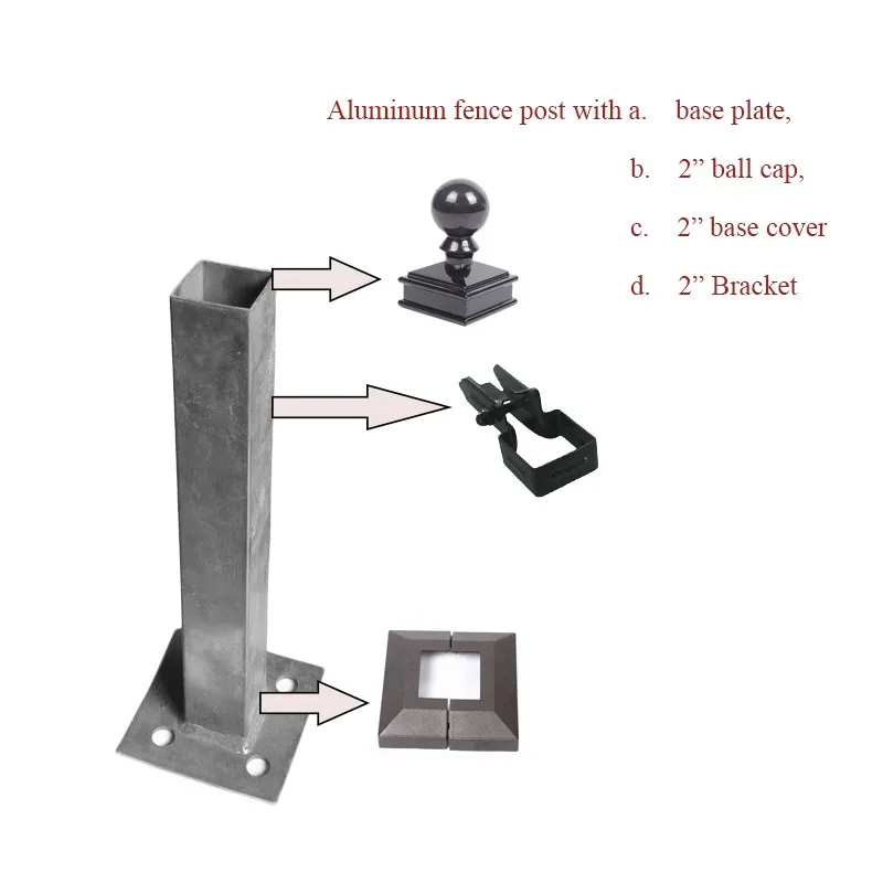 Aluminum fence post powder coated with base plate, base cover, ball cap