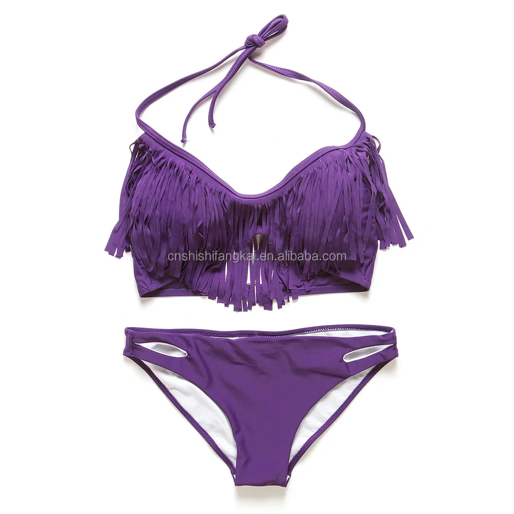 2014 Hot New Tassel Padded Bandeau Fringe Bikini 2pcs Set Swimsuit