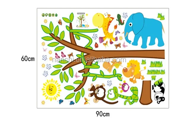 Kartun Hewan Dan Tanaman Pohon Dunia Stiker Dinding Kamar Anak