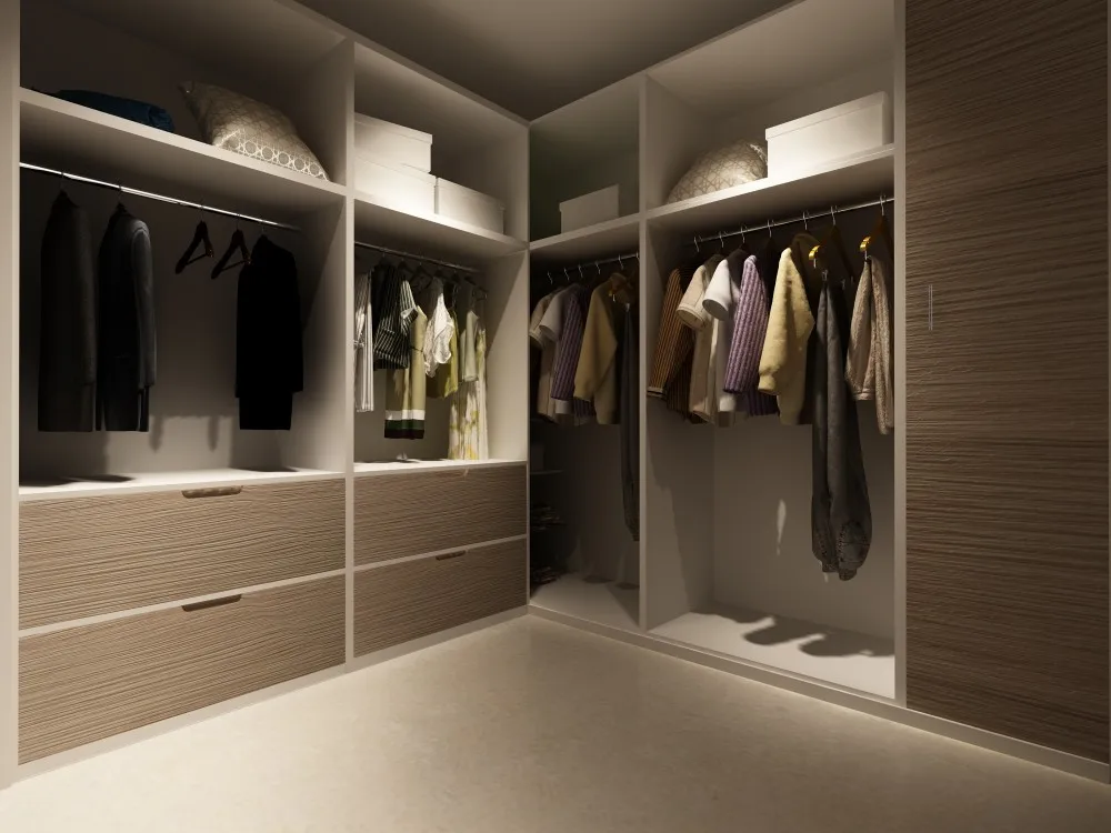 Hangzhou Vermonhouzz Modern L Shaped Luxury LED Light Walk In Closets  Wooden Wardrobes Bedroom