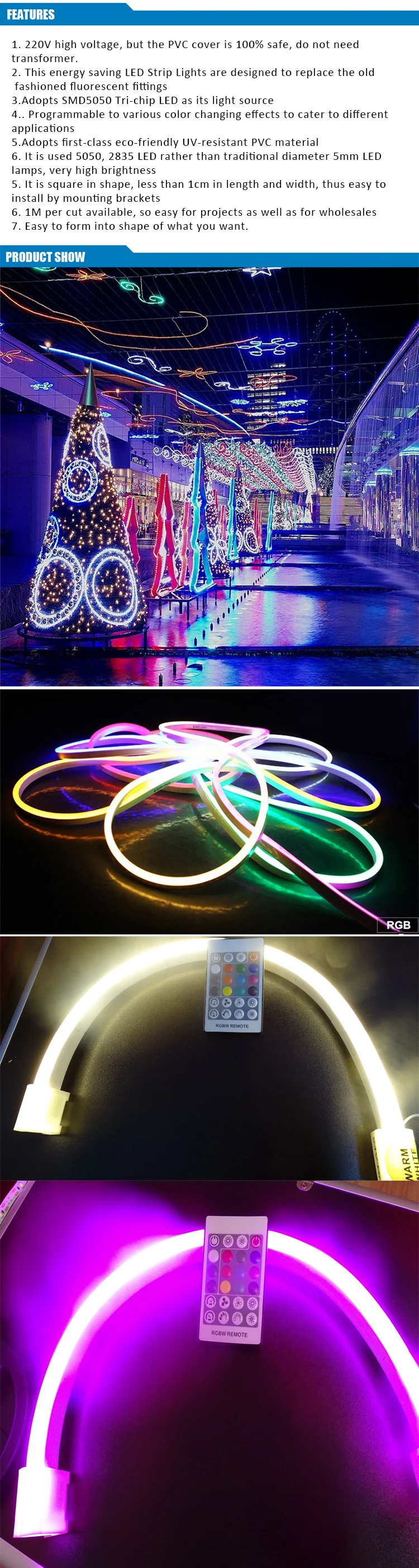 5050 RGB Waterproof 220v Neon Flex Strip Christmas LED Rope Light
