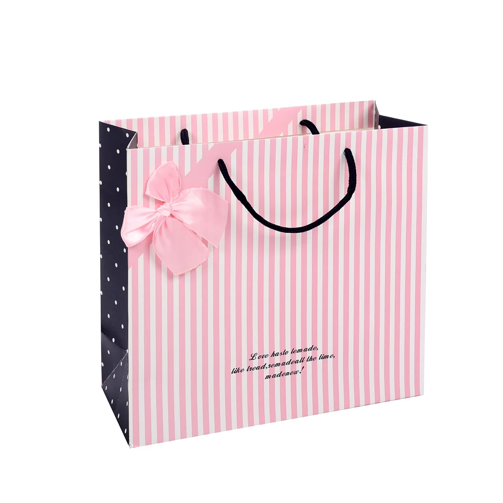 Hot Sale Simple Design Stripe Pink Rectangle Hand Kraft Paper Wrapping Bags