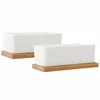 White Ceramic Rectangular Succulent Plant pot with Removable Bamboo Saucers