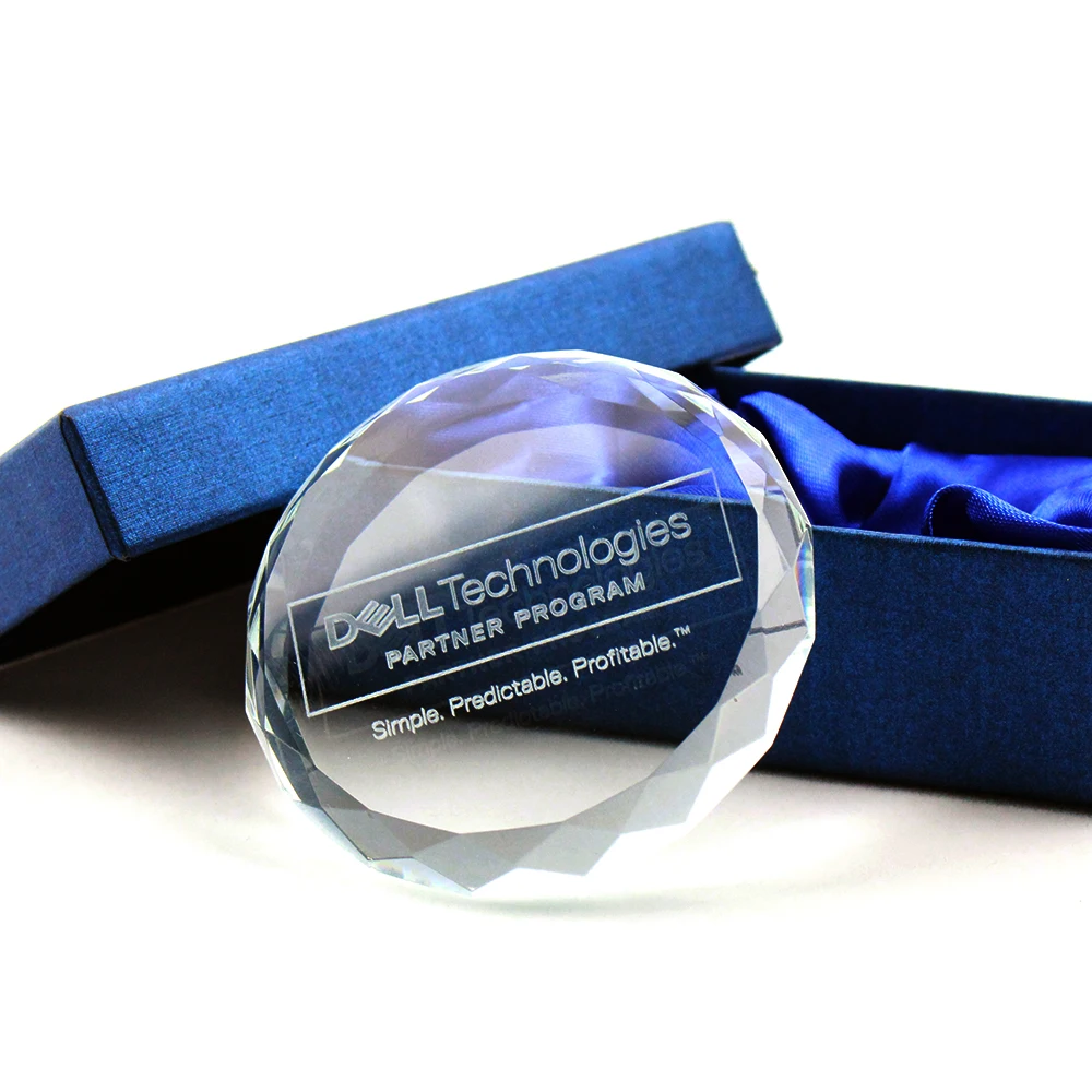 Personalized Facet Round Crystal Glass Etched Paper Weight For Company