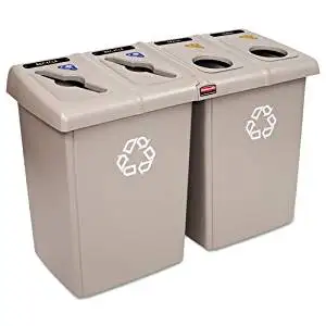 Rubbermaid Commercial Glutton Recycling Station, Rectangular, 4-Stream, 92 Gal, Beige - Includes recycling station with two Glutton« 56-Gallon containers, four Slim Jim« 23-Gallon containers, one hinged lid frame;eight restrictive-opening tops (4 circles, 2 paper slots, 1 square, 1 triangle) and