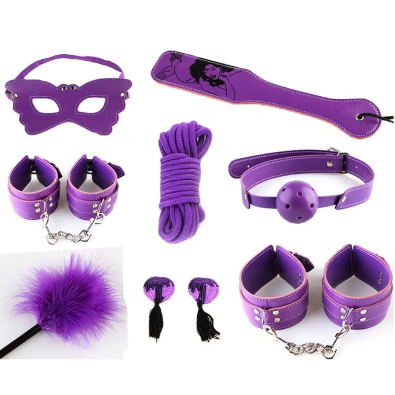 Purple Faux Leather 8pcs Set Adult Toys For Male Couples Leather Fetish Restraint Bondage Kit