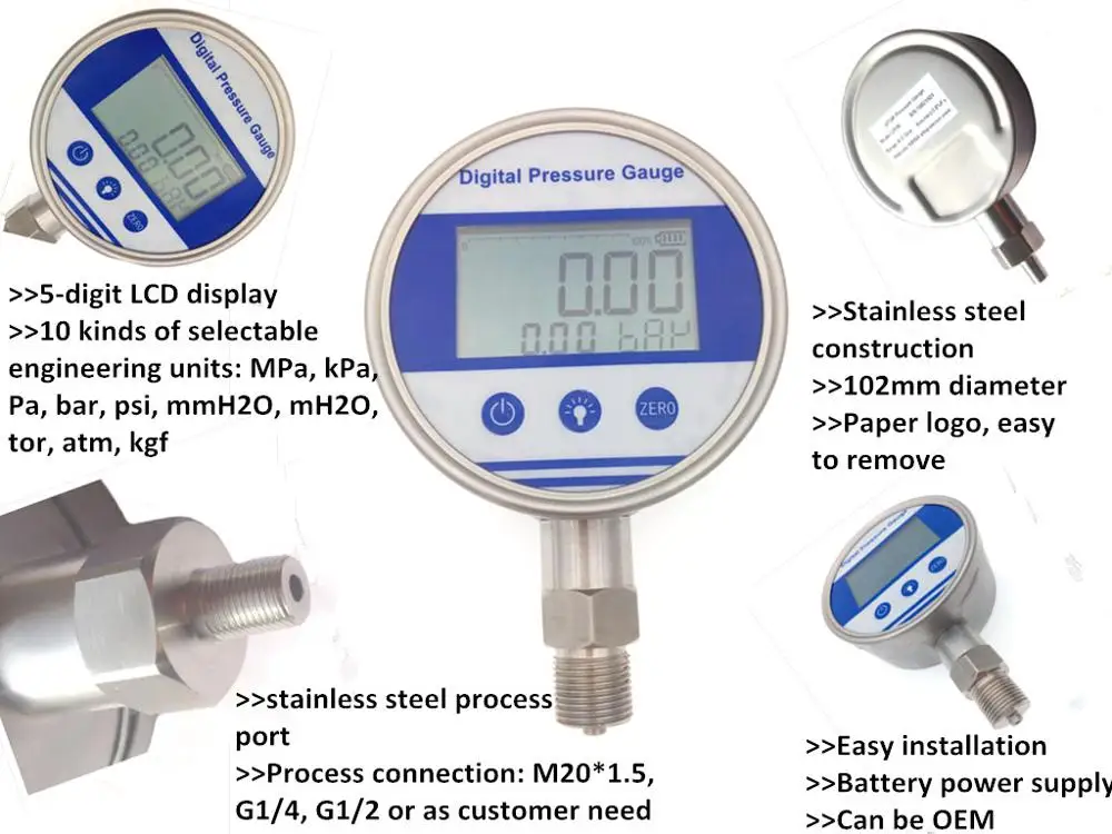 PSI BAR LCD Digital Pressure Gauge Battery Power for pressure measurement 