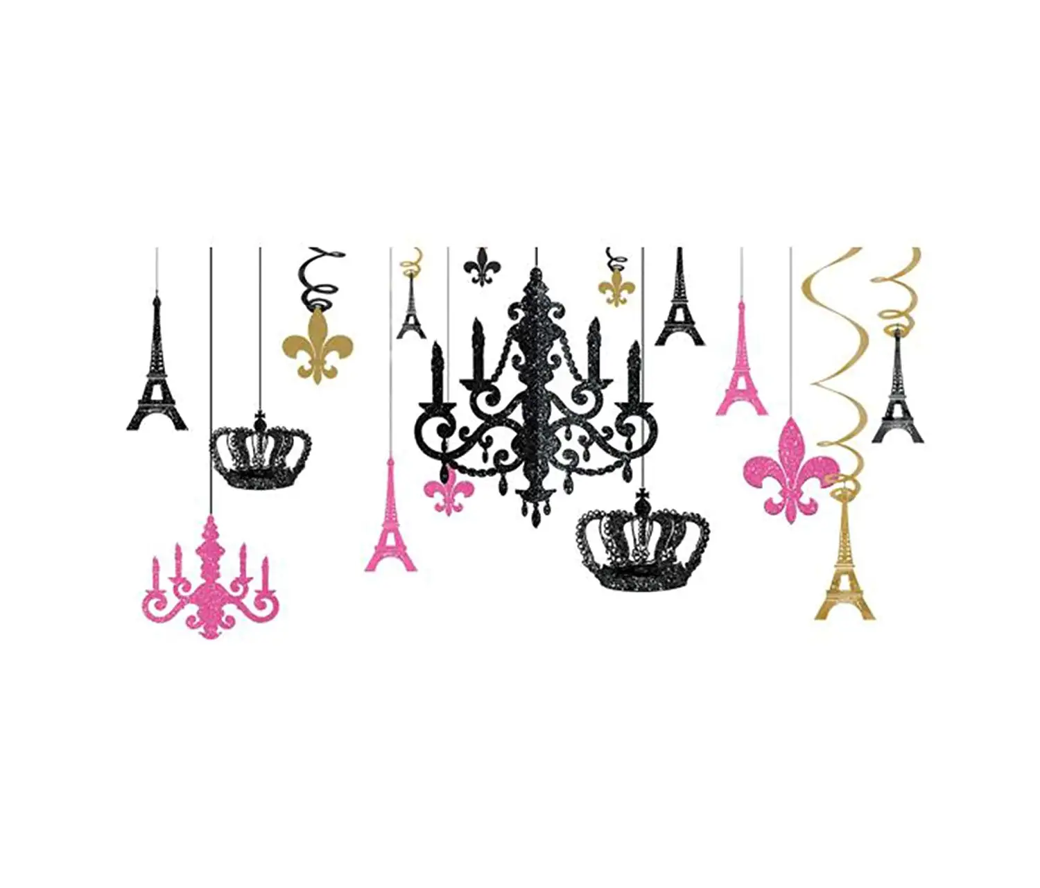 Mozlly Multipack - Amscan Day in Paris Glitter Chandelier Decorations - Baby Shower, Birthday - Includes Chandelier, Eiffel Towers, Crowns, Fleur de Lis - Novelty Party Decor (17pc Set) (Pack of 6)