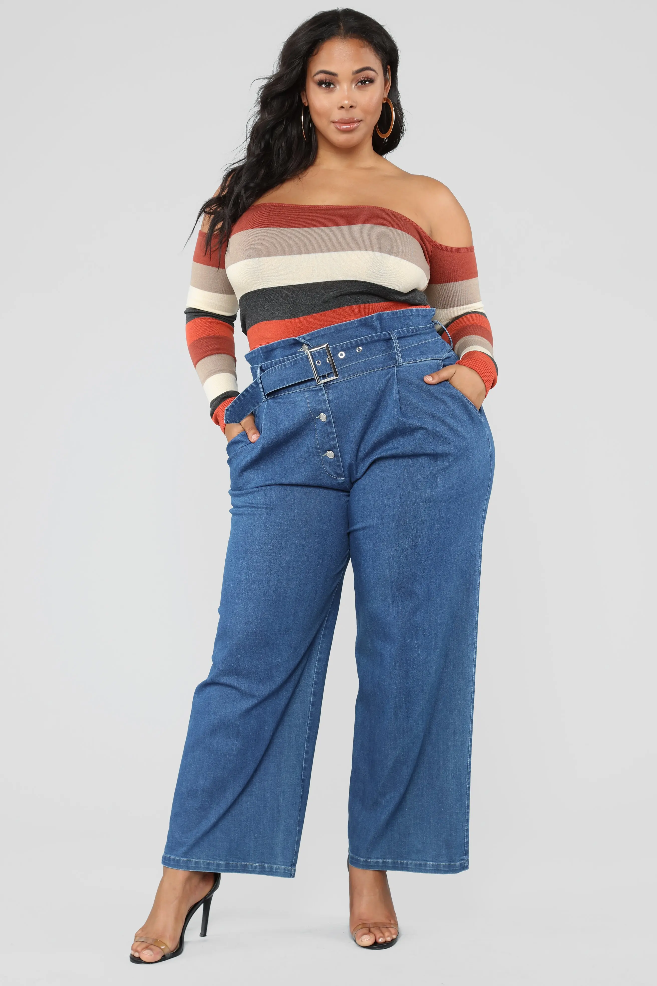 Casual Paperbag Waist With Belt Blue Denim European Style Wide Leg Jeans for Women