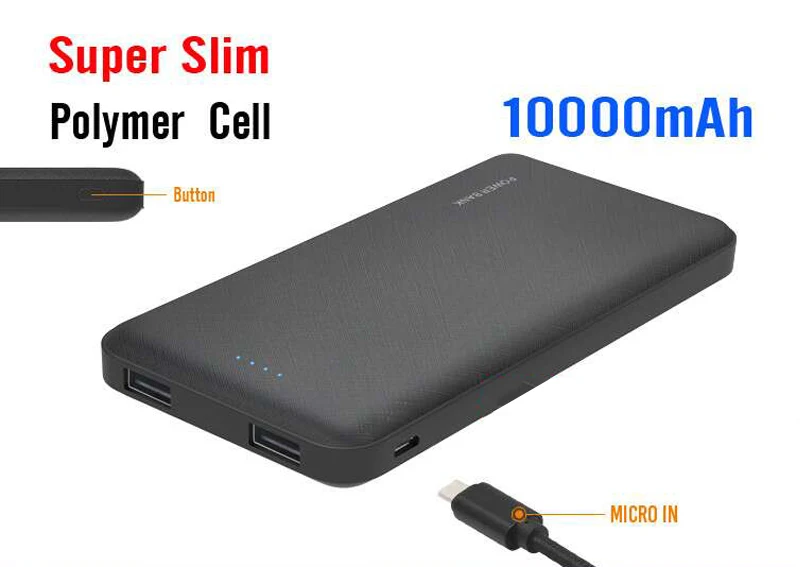 Portable Large Capacity 10000mah Ultra Slim Power Bank Charger with Dual USB Ports