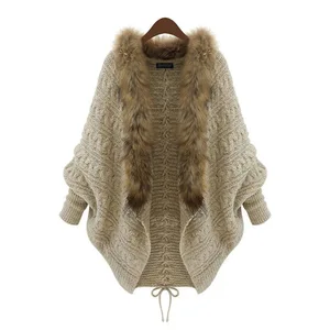 European Style Fur Collar Bat Sleeve Knitted Cardigan Shawl Coat Winter Sweater European Style Fur Collar Bat Sleeve Knitted Cardigan Shawl Coat Winter Sweater