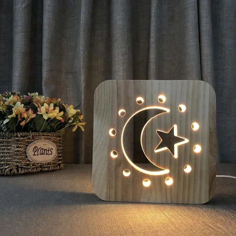 FS-T1888W Hot product star moon 3D wood 3d led table lamp