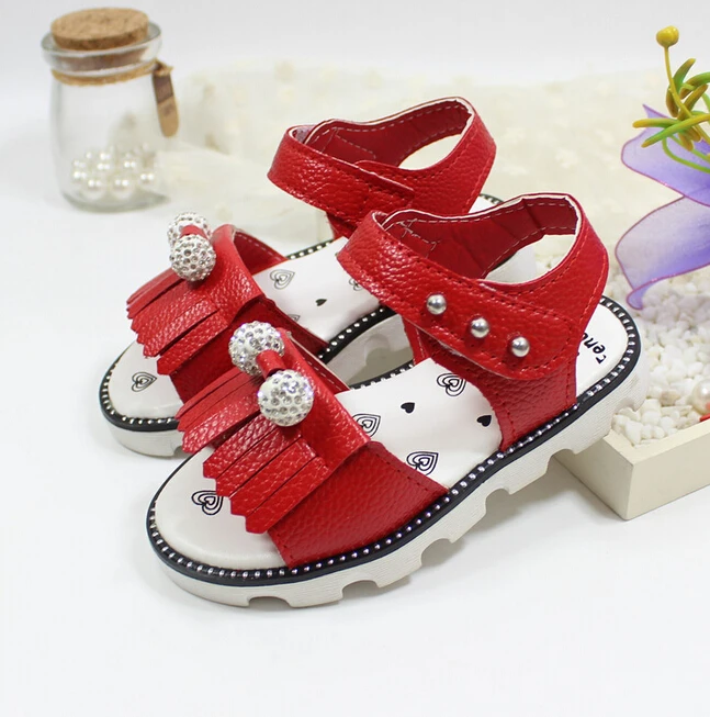 Kids summer beach shoes leisure fashion children s pearl tassel princess antiskid shoes 1 3 years