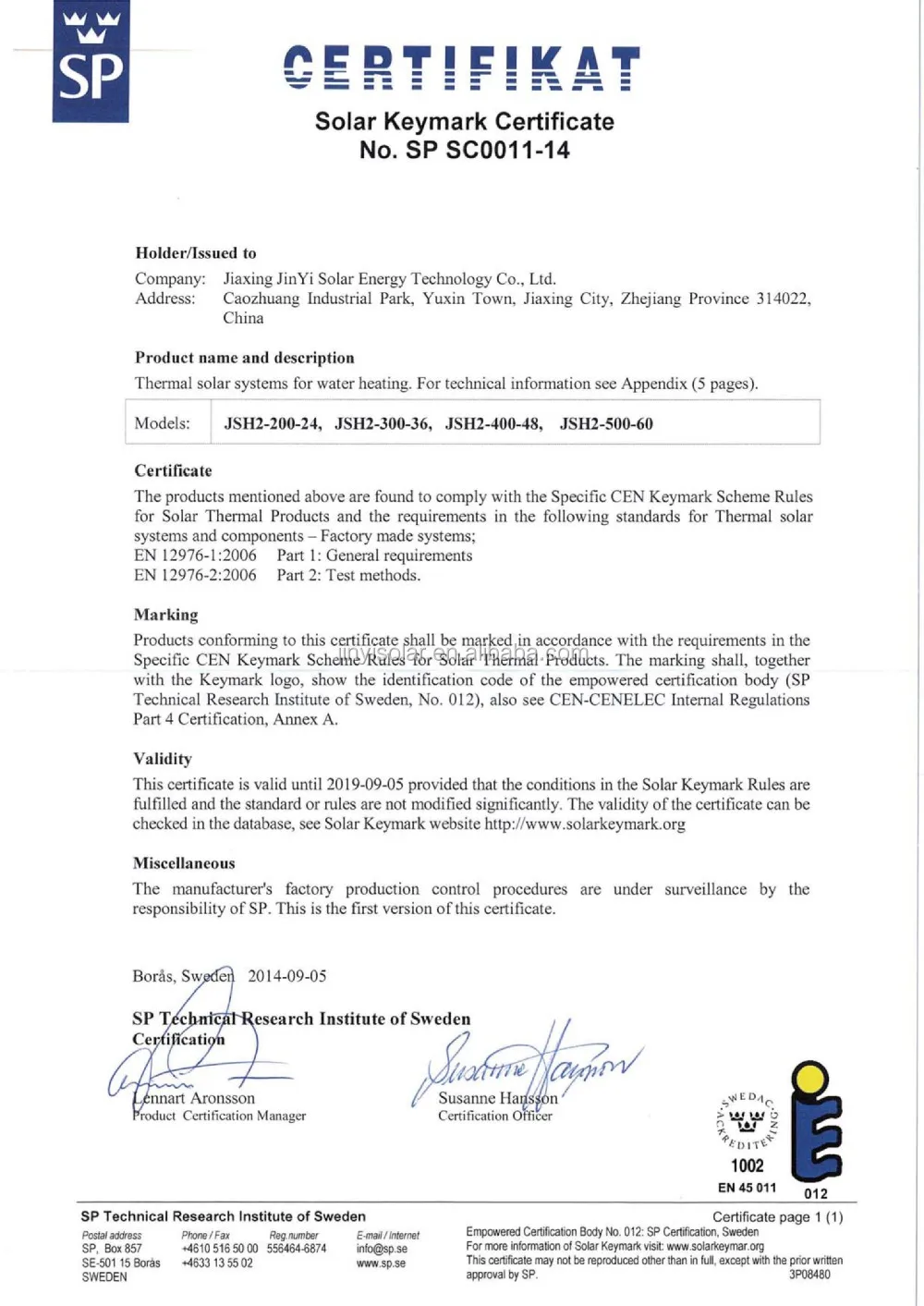 EN12976 certificate page 1-JinYi Solar