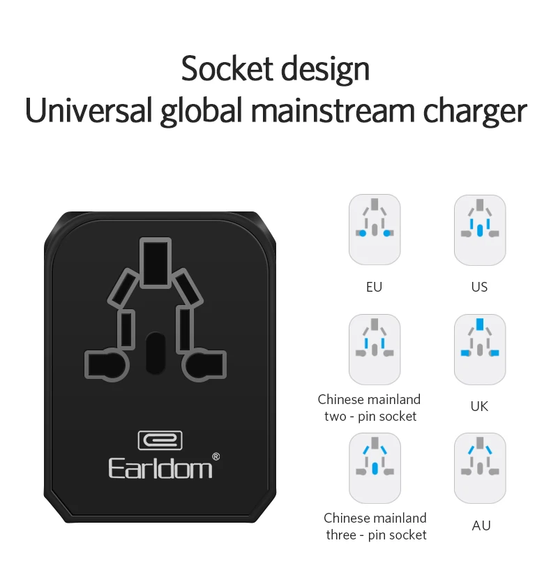 Earldom Universal Travel adapter plug Type C USB quick charger 42W PD adaptor power electrical plug outlet