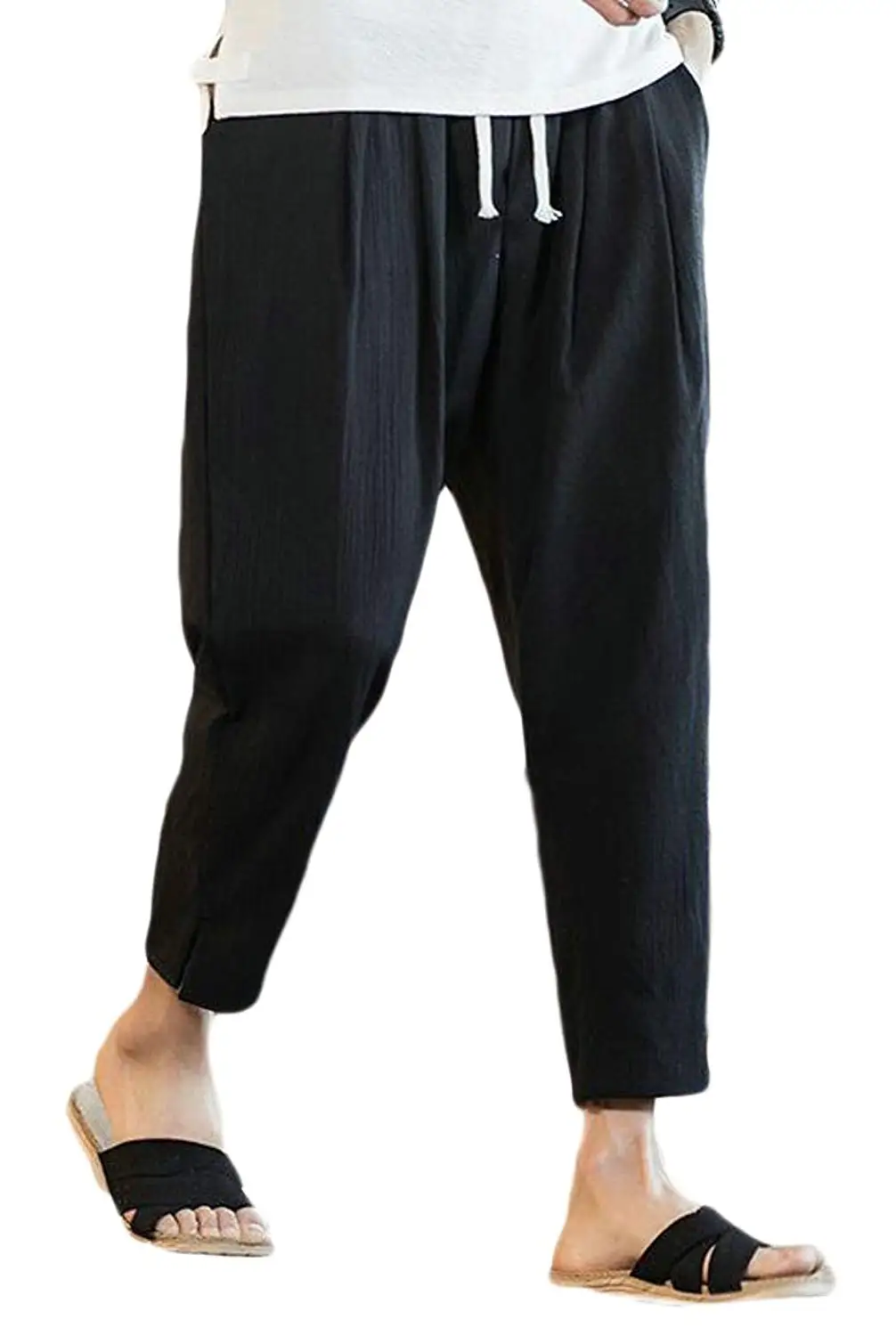 ARTFFEL Mens Loose Fit Cropped Pants Casual Chinese Style Print Harem Pants
