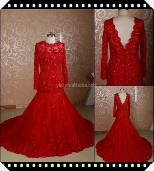 Jj3697 Long Sleeves Beaded Mermaid Muslim Beautiful Red Wedding