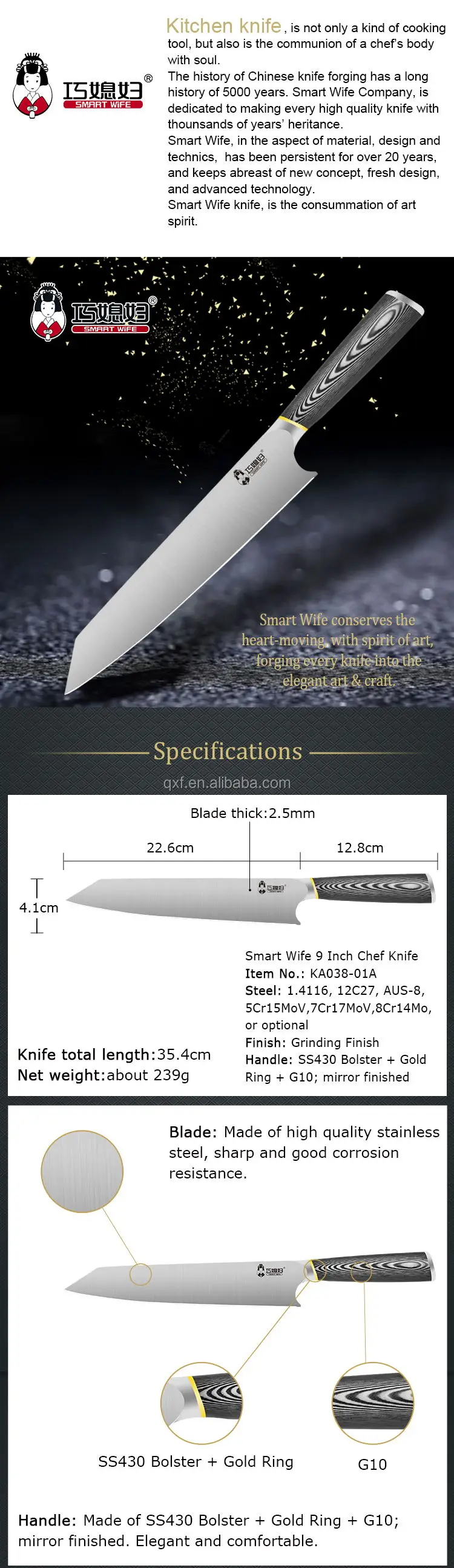 Smart Wife 9 Inch Germany 1.4116 Kitchen Knife,Stainless Steel Chef ...