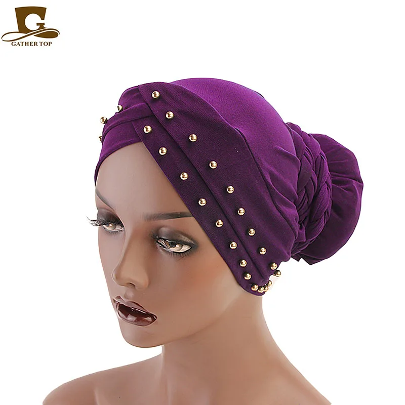 Tiean Fashion Women Warm Cotton India Ski Hat Boho Braided Turban Headdress Cap Purple