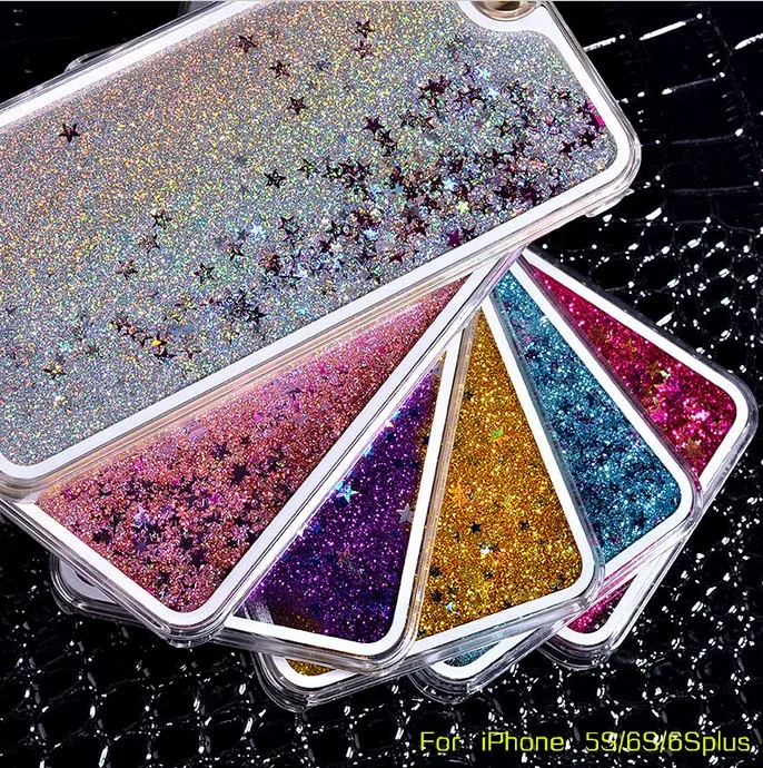 Hot Transparent Phone Case Glitter Stars Dynamic Liquid Quicksand Hard Case Back Cover Forfor iphone 6 plus 6s plus