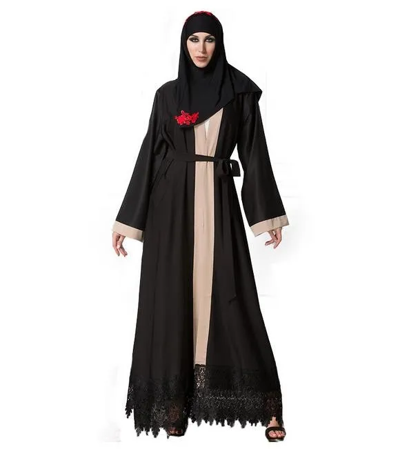 1513 Pakistan  Black Lace Patchwork Muslim Abaya  Cardigan 