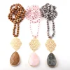 Fashion Bohemian Jewelry 8mm Pink Quartz Natural stone Necklace Long Knotted Metal Grid Link Stone Drop Pendant Necklace