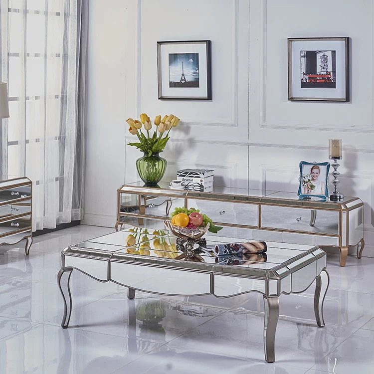 
New design glass gray curved leg living room low height mirrored coffee table 