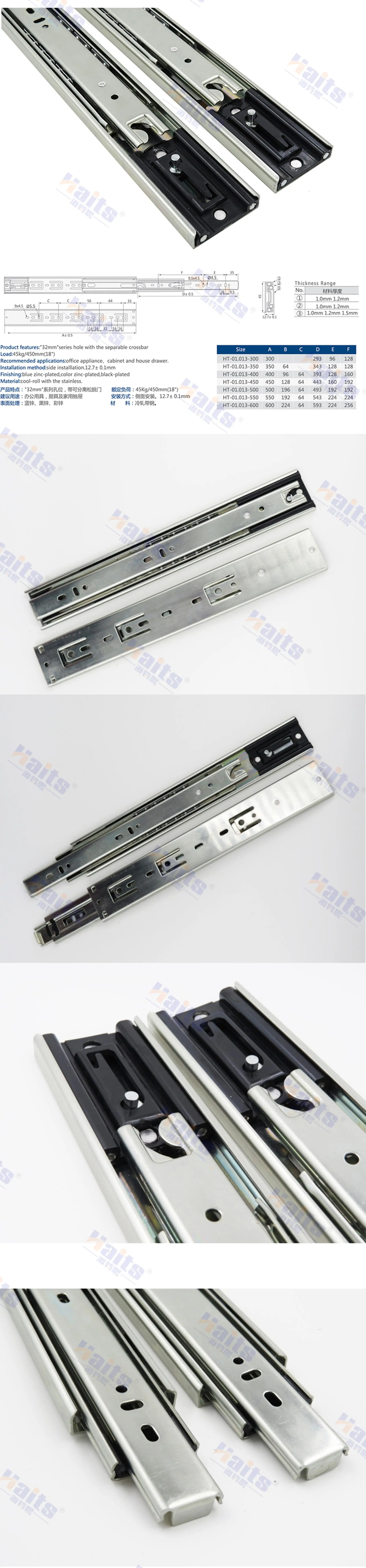 Center Mount Drawer Slide 10 Inch Auto Closing Drawer Slide Rails For Furniture 45mm Ball