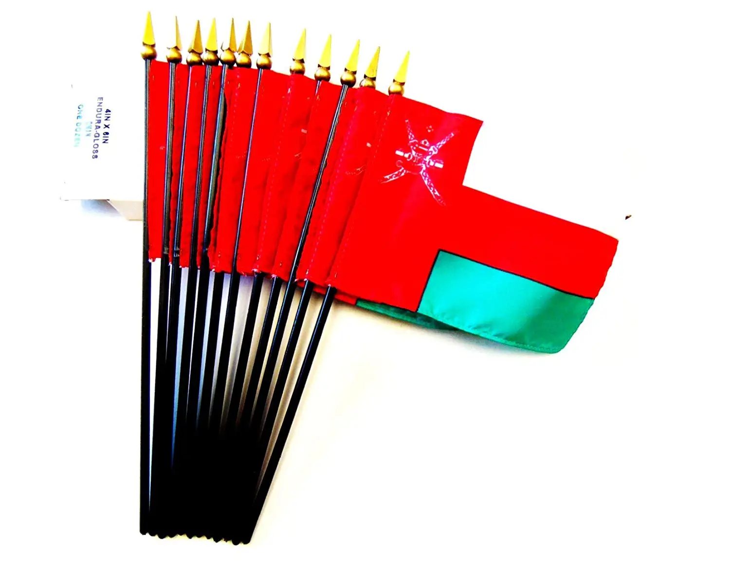 MADE IN USA!! Box of 12 Oman 4"x6" Miniature Desk & Table Flags; 12 American Made Small Mini Oman Flags in a Custom Made Cardboard Box Specifically Made for These Flags