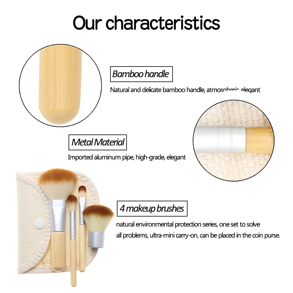 4pcs/set Bamboo Make Up Brush Set With Bag Makeup Brushes Kit Custom