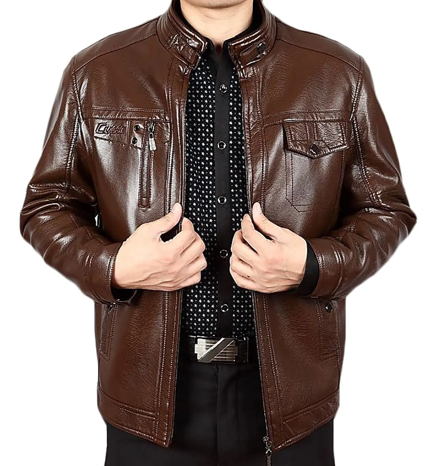 ONTBYB Mens Faux-Leather PU Fleece Motorcycle Zipper Stand Collar Stylish Jackets